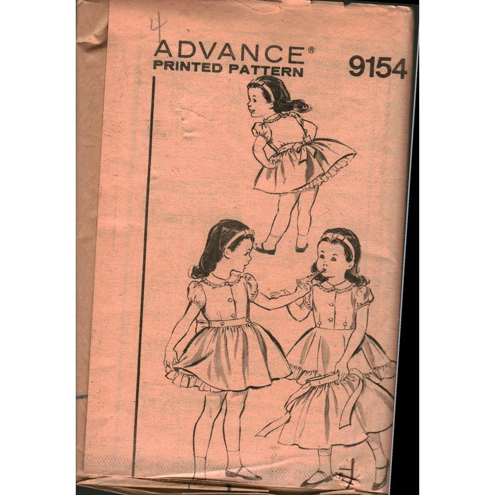 Vintage Advance 9154 Girls Dress Sewing Pattern Puff Sleeve Ruffle Skirt Size 4